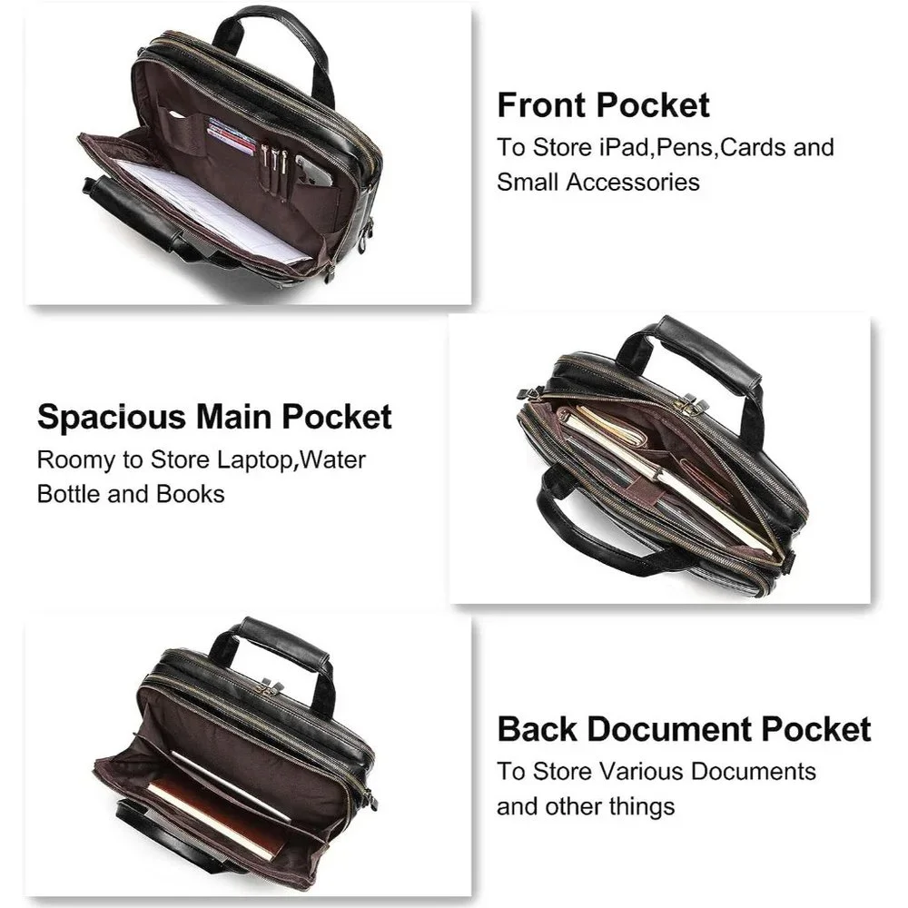 Men's Black Leather Waterproof laptop bag 15.6 Inch